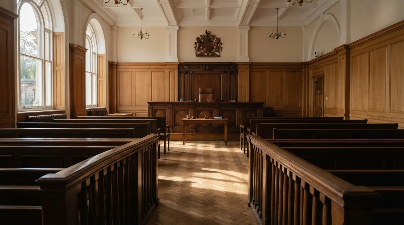 Sala de tribunal vazia com painéis de madeira, à luz da manhã — melhor roleta em portugal