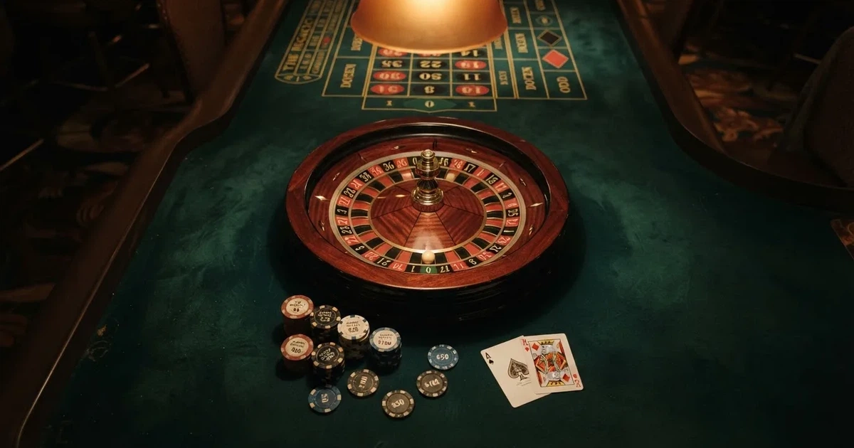 Mesa de jogo iluminada com cartas, vista de cima — melhor roleta em portugal