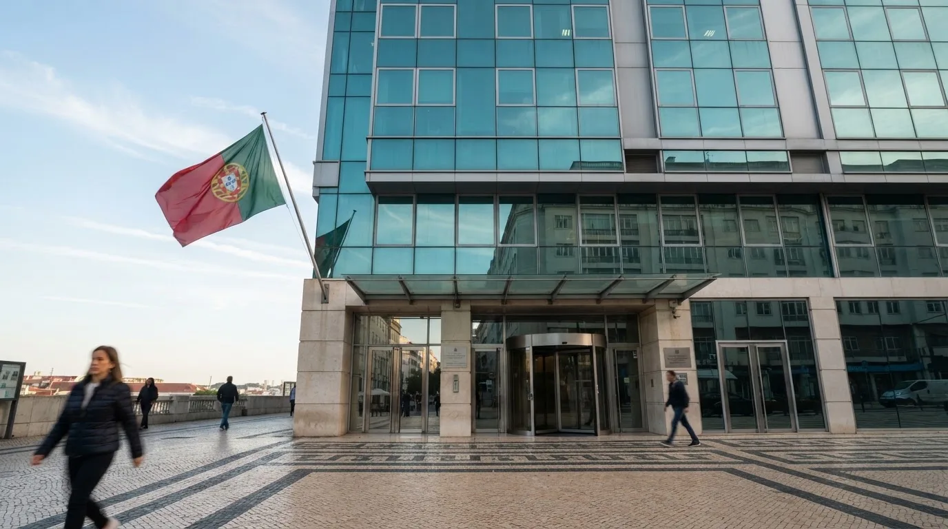Edifício de escritórios de um organismo público em Lisboa, visto da rua, com vidros espelhados a refletir o céu e uma bandeira.