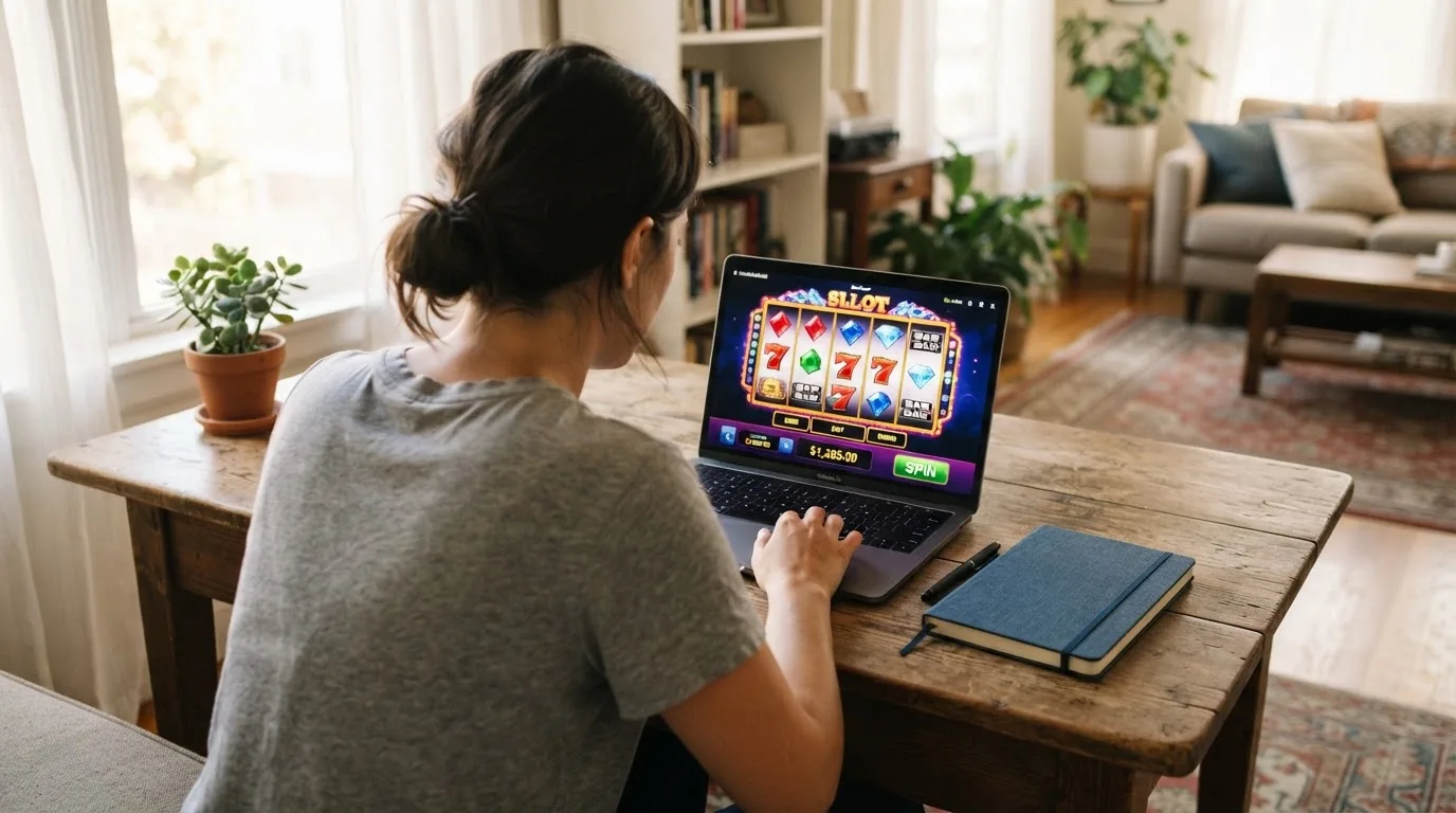 Pessoa a explorar um casino online no portátil numa mesa de sala, com bloco de notas fechado e uma planta ao lado.
