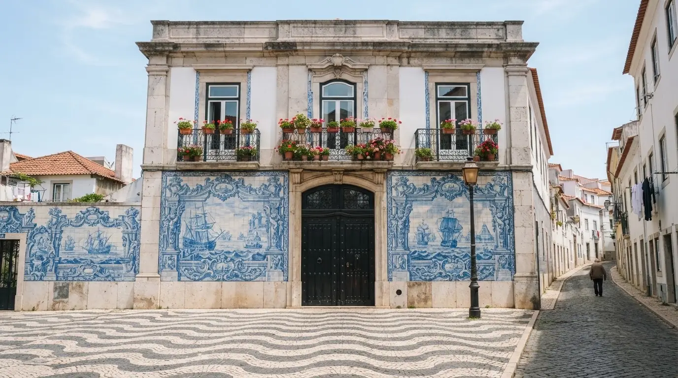 Fachada de um edifício oficial lisboeta com azulejos e portas altas, rua em calçada portuguesa e um candeeiro antigo.