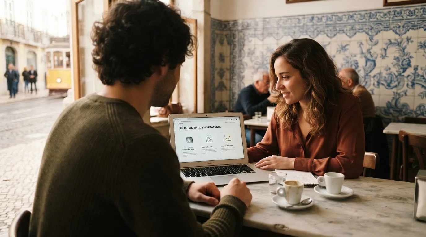 Duas pessoas a comparar opções à mesa de um café, com portátil aberto e dois cafés, luz natural de janela.