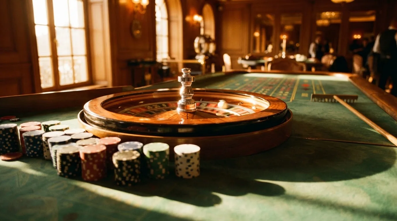 Roda de roleta e fichas sobre feltro verde, sob uma luz quente de fim de tarde — mesas de casino em portugal