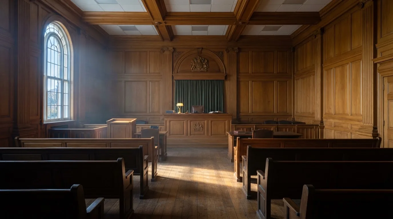 Sala de tribunal vazia com painéis de madeira, à luz da manhã — novo casino em portugal