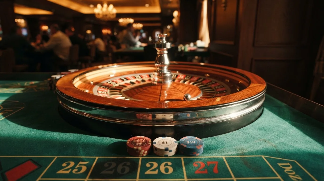 Roda de roleta e fichas sobre feltro verde, sob uma luz quente de fim de tarde — novo casino em portugal