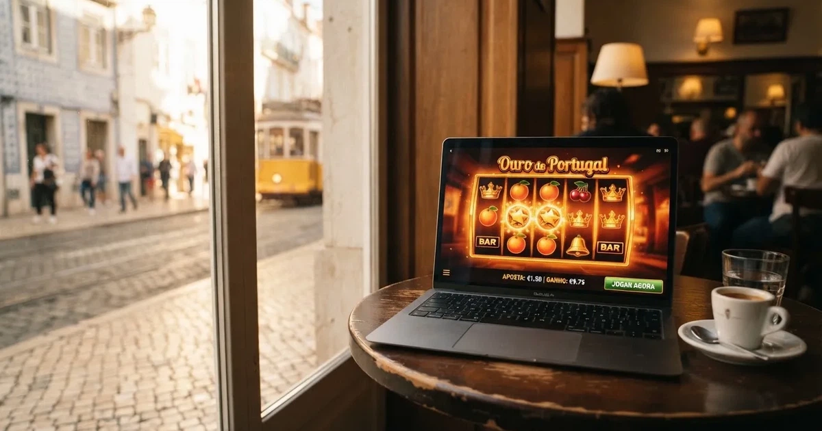 Computador portátil numa mesa de café junto a uma janela virada para a rua — novo casino em portugal