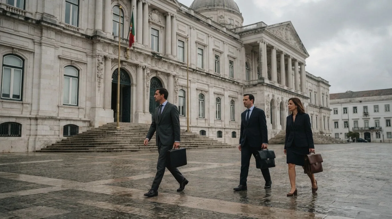 Pessoas de fato a caminhar à frente de um edifício de serviços públicos em Lisboa, com pasta na mão e céu nublado.