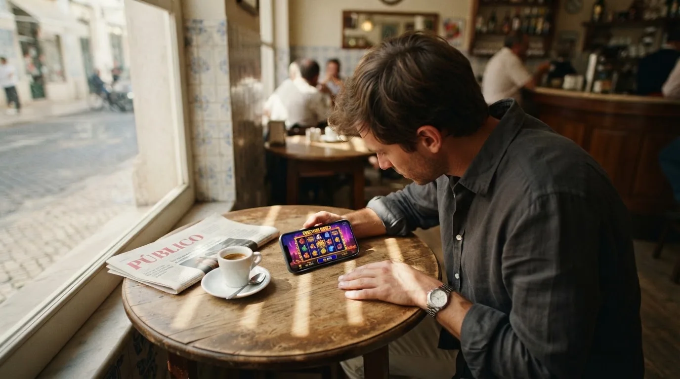 Pessoa a explorar jogos no telemóvel num café, com uma bica na mesa e luz de manhã a entrar pela montra.