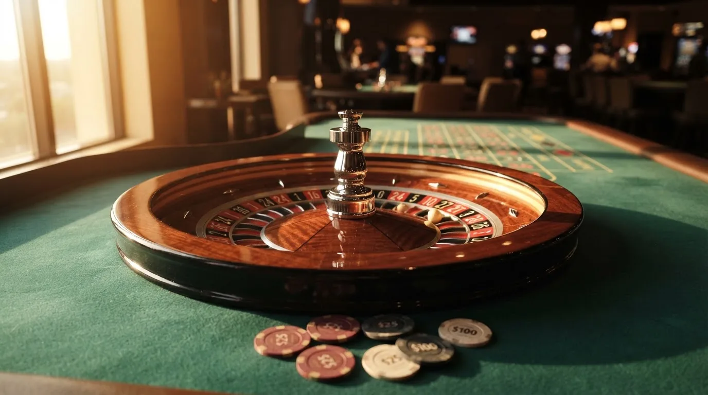 Roda de roleta e fichas sobre feltro verde, sob uma luz quente de fim de tarde — ofertas de casino em portugal