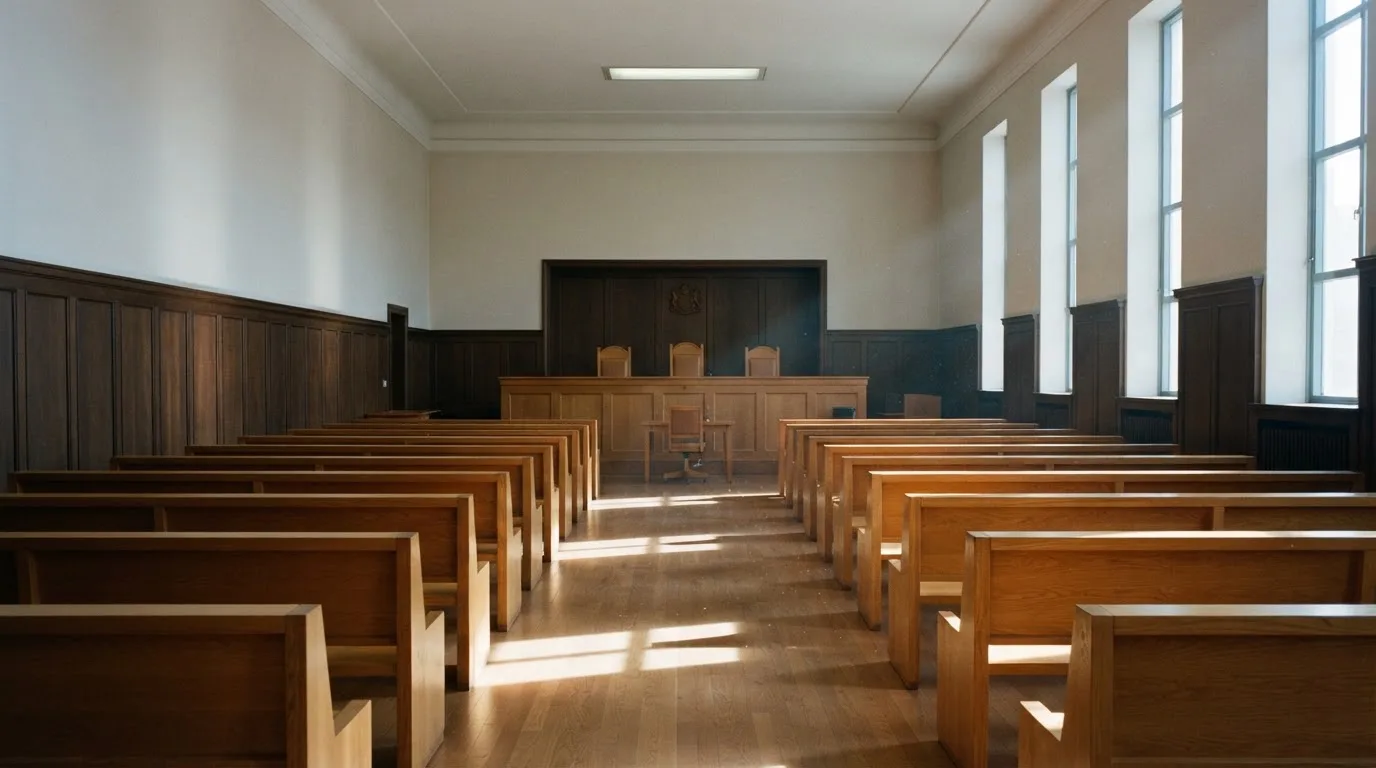 Sala de tribunal vazia com painéis de madeira, à luz da manhã — online casino bónus para os portugueses