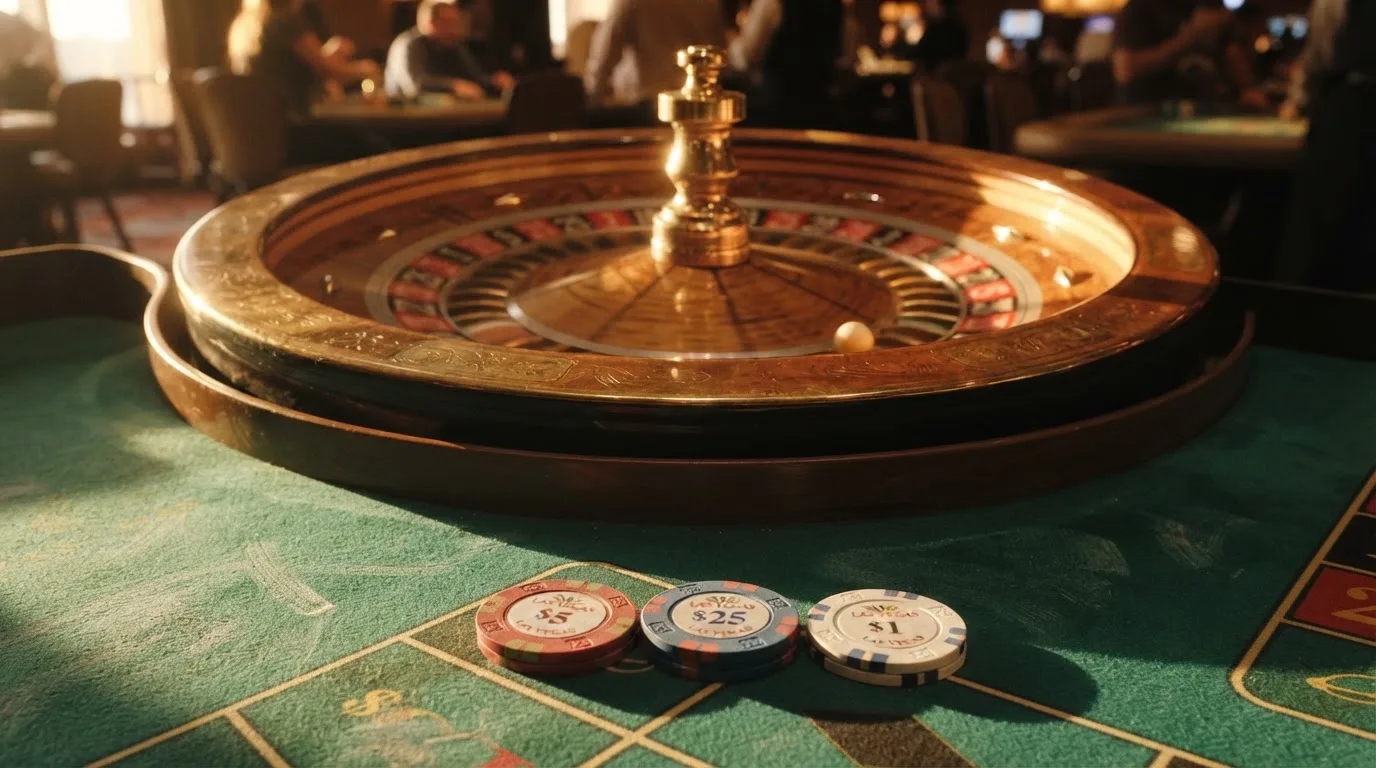 Roda de roleta e fichas sobre feltro verde, sob uma luz quente de fim de tarde — online casino bónus para os portugueses