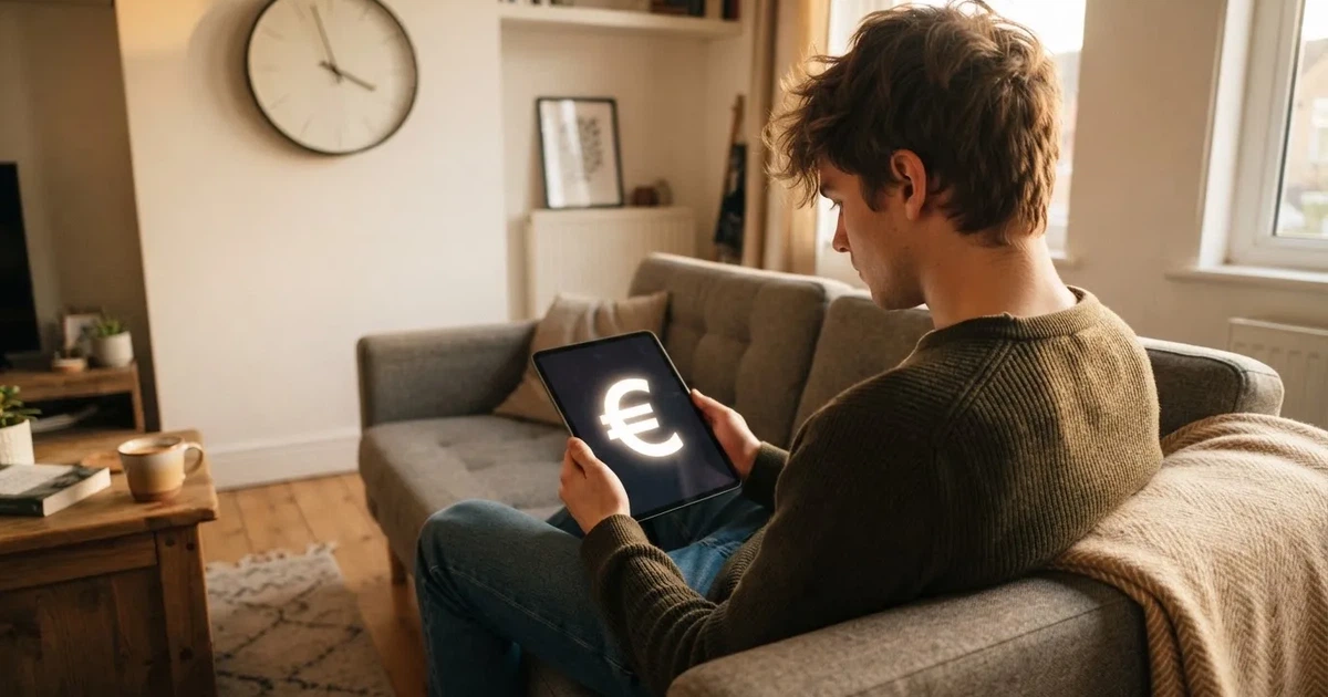 Pessoa num sofá a olhar pensativa para um tablet, com um relógio na parede atrás — online casino bónus para os portugueses