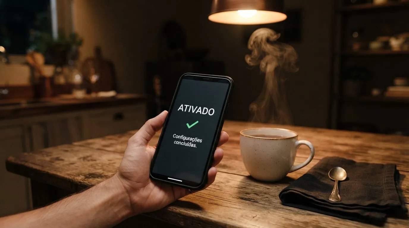 Mão a segurar um telemóvel ao lado de uma chávena de chá numa mesa de cozinha, numa noite tranquila — online casinos em portugal