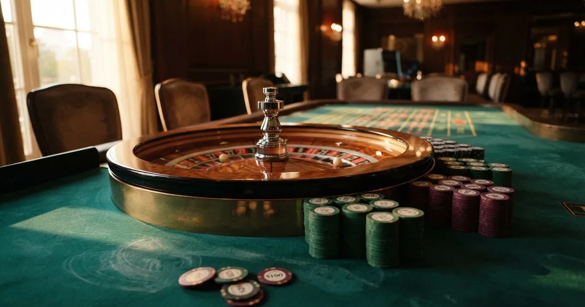 Roda de roleta e fichas sobre feltro verde, sob uma luz quente de fim de tarde — online casinos em portugal