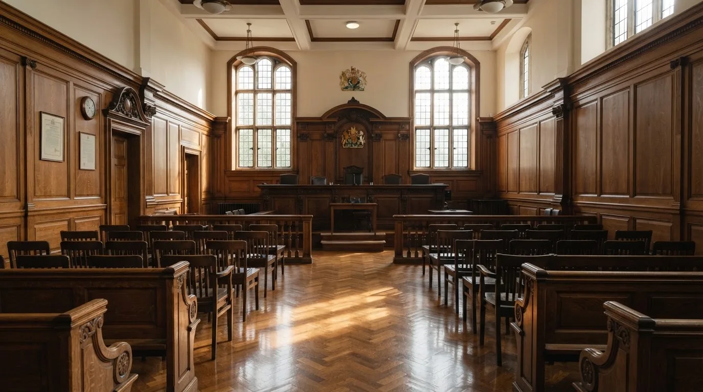 Sala de tribunal vazia com painéis de madeira, à luz da manhã — páginas de casino em portugal