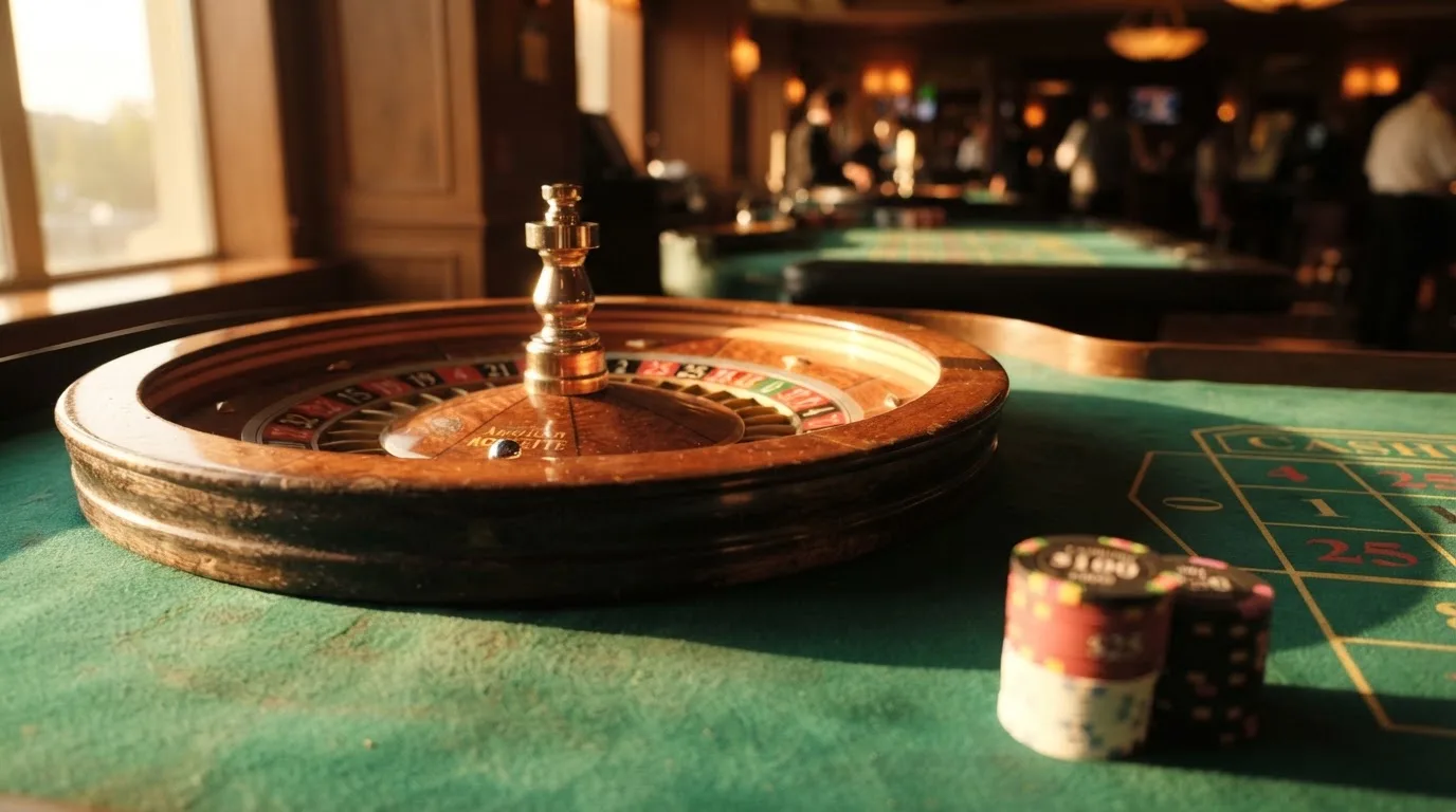 Roda de roleta e fichas sobre feltro verde, sob uma luz quente de fim de tarde — páginas de casino em portugal