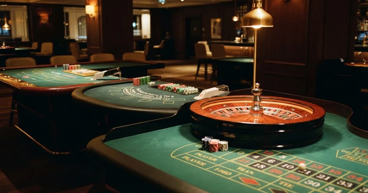 Três mesas de jogo diferentes lado a lado numa sala calma e calorosamente iluminada — páginas de casino em portugal