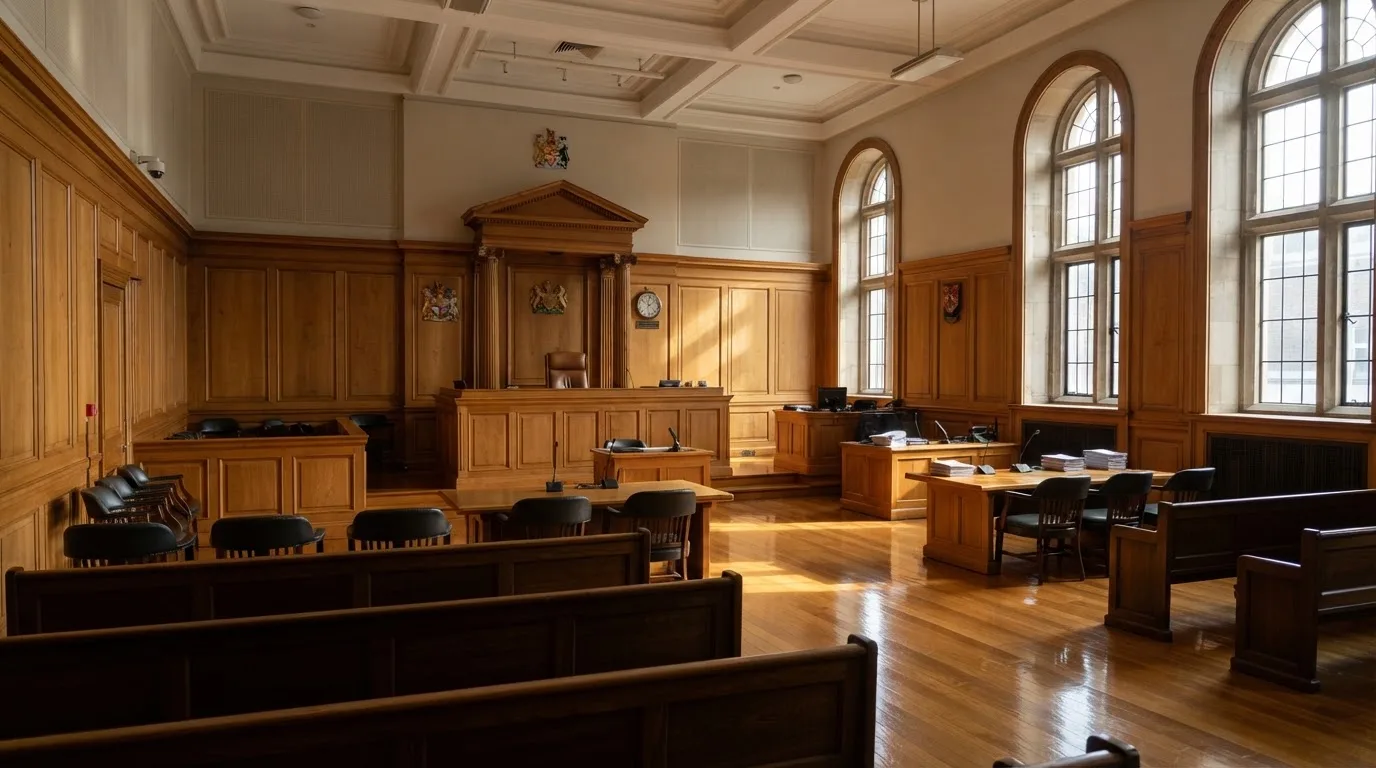 Sala de tribunal vazia com painéis de madeira, à luz da manhã — probabilidades de roleta pt