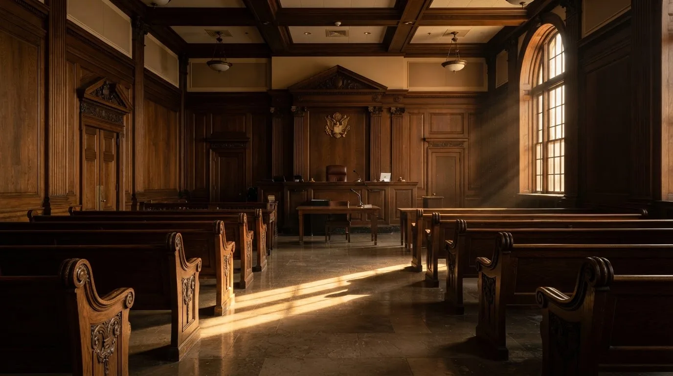 Sala de tribunal vazia com painéis de madeira, à luz da manhã — promoções de casino em portugal