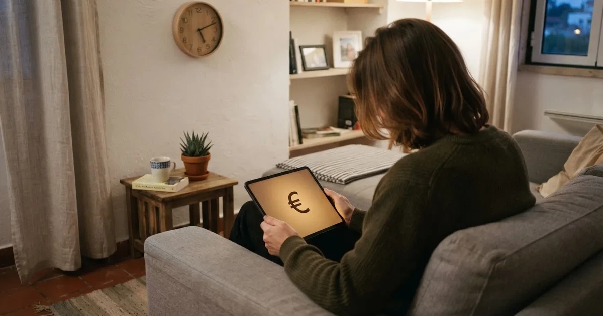 Pessoa num sofá a olhar pensativa para um tablet, com um relógio na parede atrás — promoções de casino em portugal