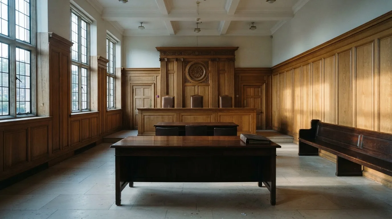 Sala de tribunal vazia com painéis de madeira, à luz da manhã — regras da roleta pt