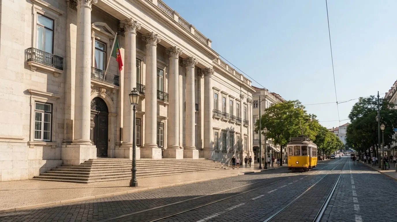 Edifício institucional de pedra com colunas junto a uma avenida lisboeta, céu limpo, elétrico amarelo ao longe, fotografia de rua.