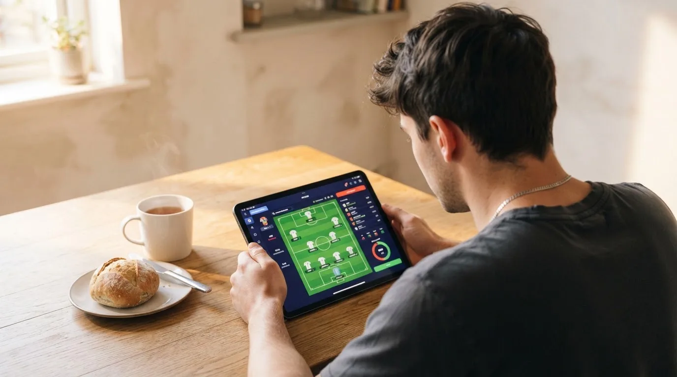 Jovem sentado à mesa da cozinha a explorar um tablet com ar curioso, chávena de chá e pão sobre a mesa, luz da manhã.