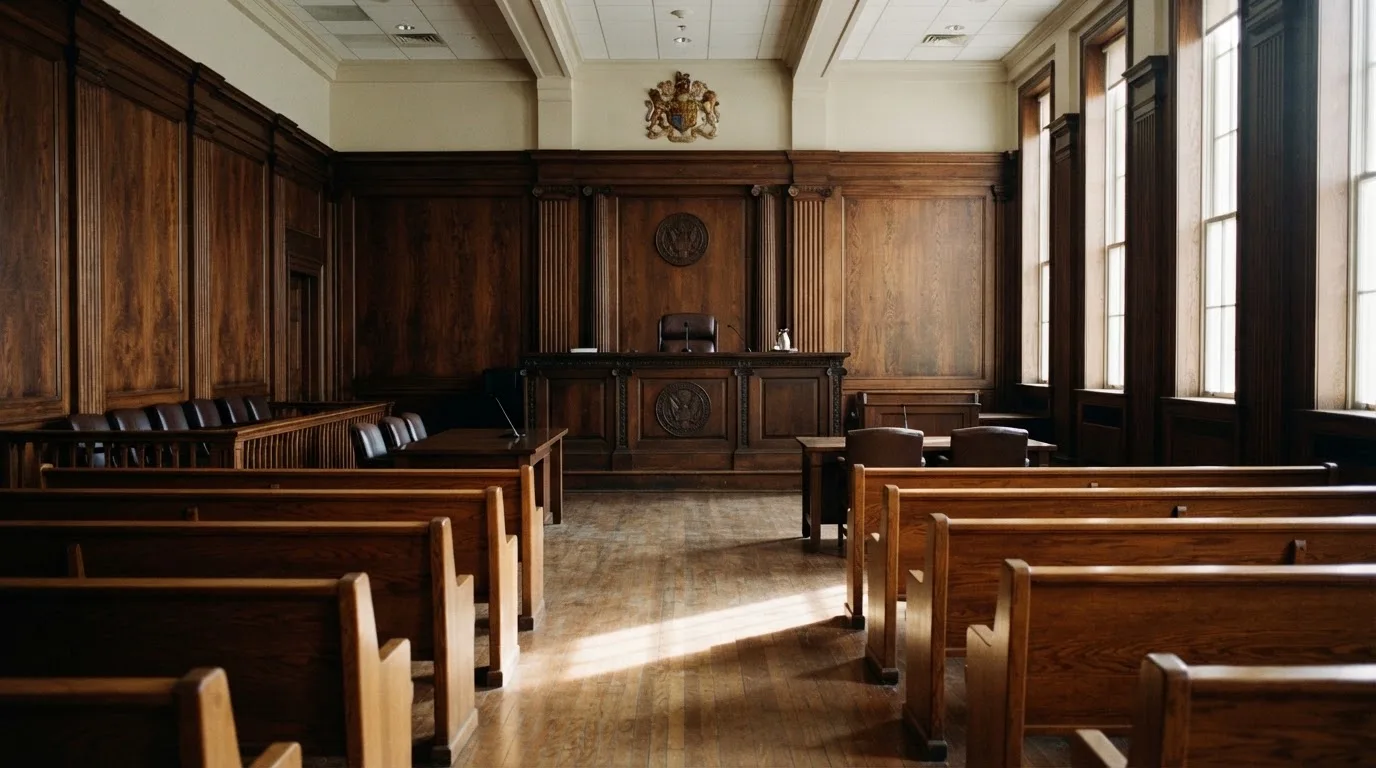 Sala de tribunal vazia com painéis de madeira, à luz da manhã — roleta americana em portugal