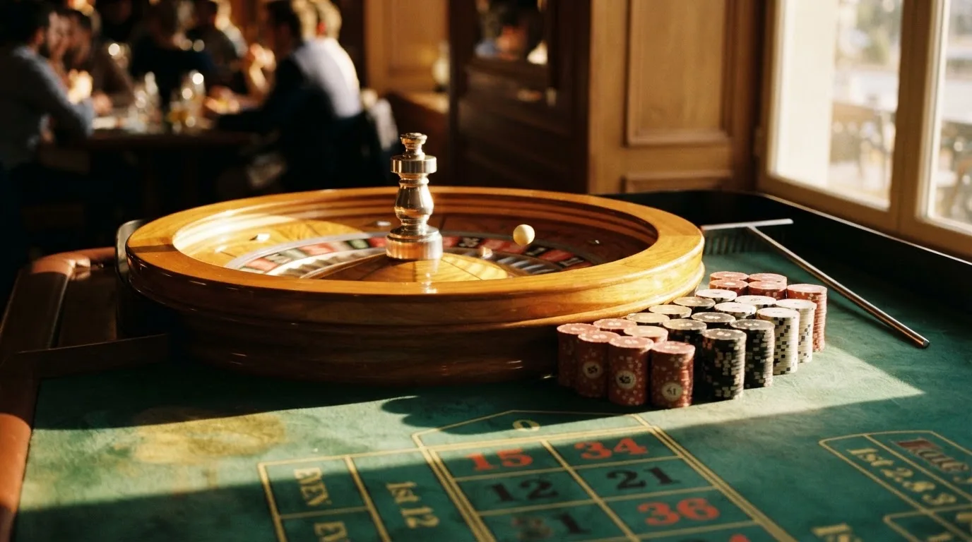 Roda de roleta e fichas sobre feltro verde, sob uma luz quente de fim de tarde — roleta casino em portugal