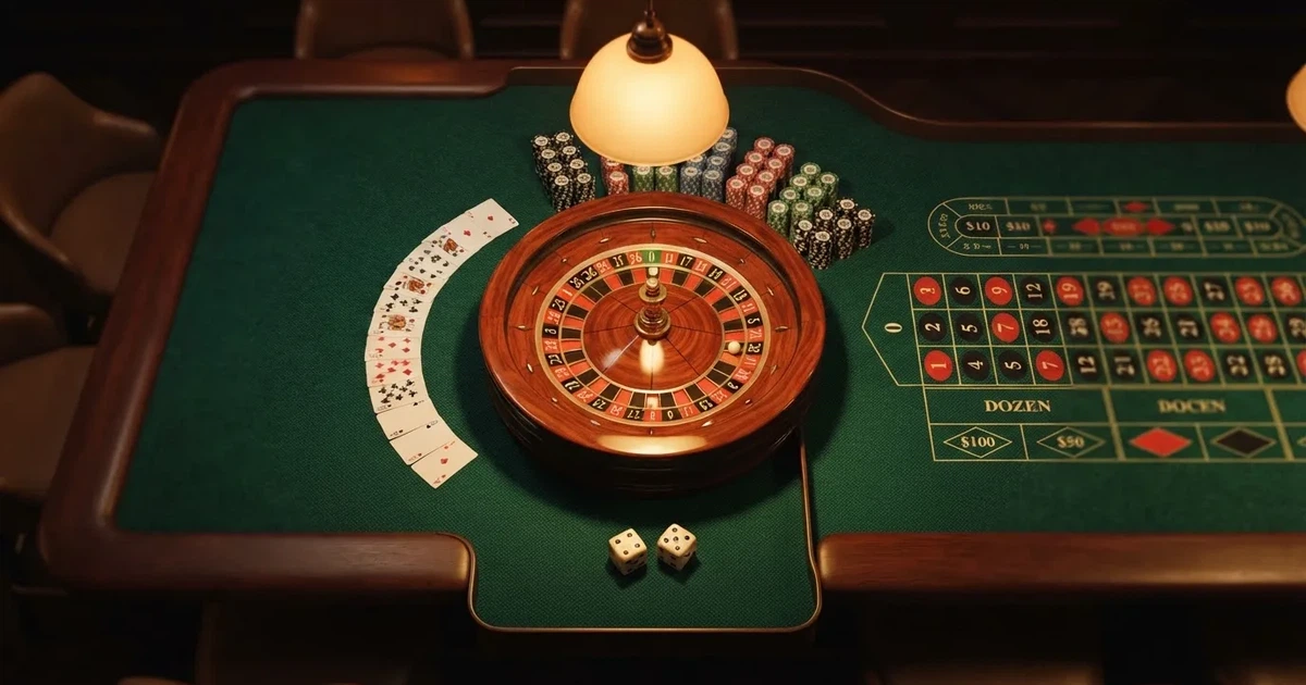 Mesa de jogo iluminada com cartas, vista de cima — roleta casino em portugal