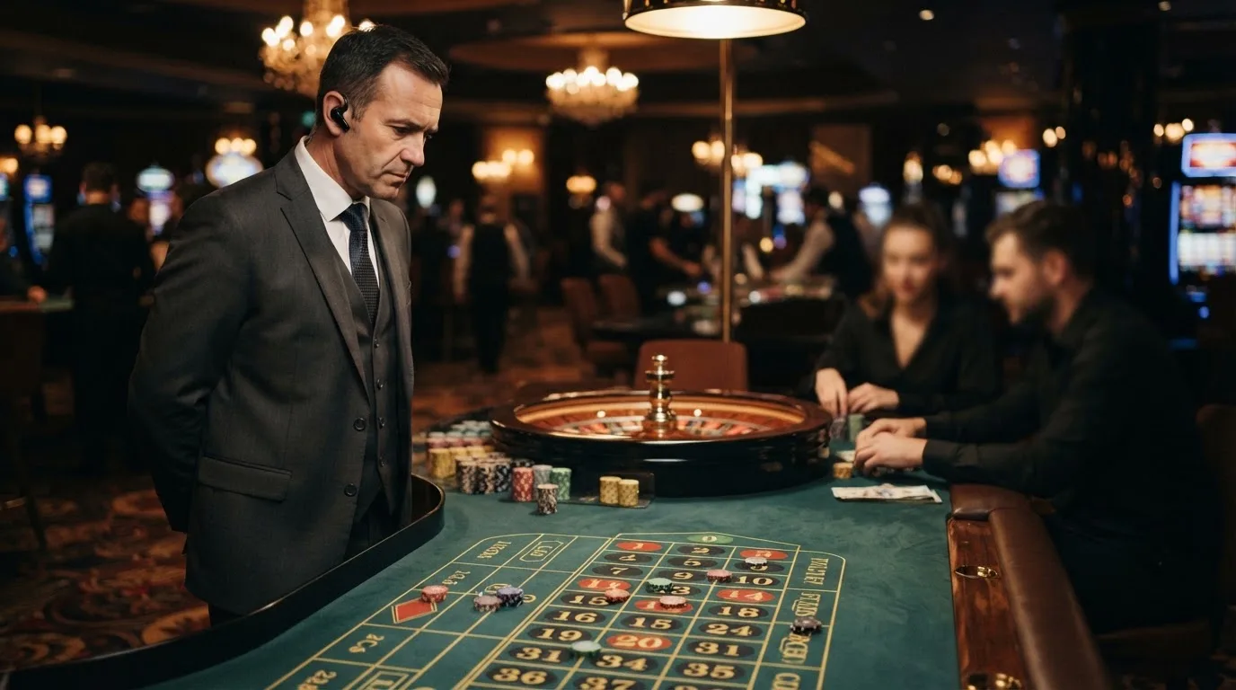 Fiscal de sala de casino de fato escuro a observar atentamente uma mesa de roleta, com jogadores desfocados ao fundo.