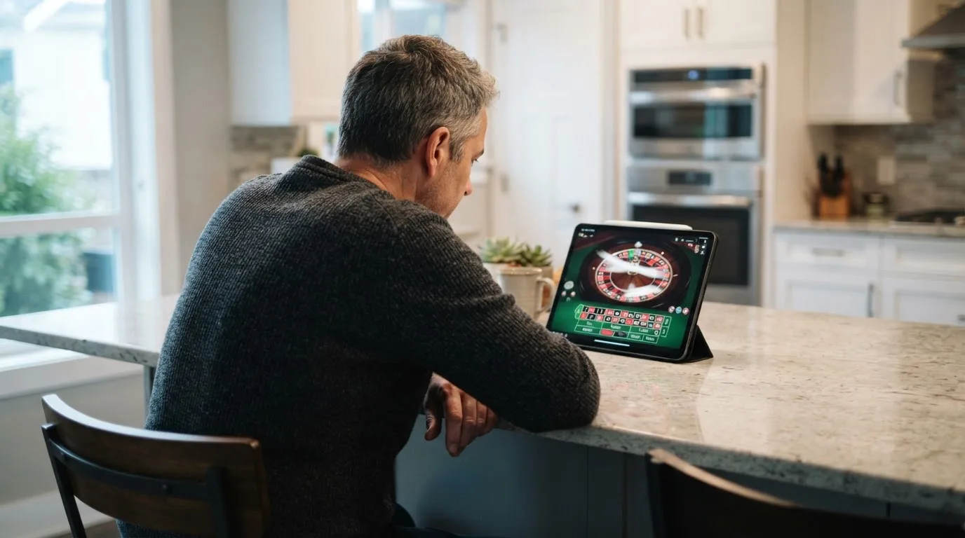 Jogador de meia-idade a ver uma transmissão de roleta num tablet, apoiado na bancada de uma cozinha moderna, com expressão atenta.