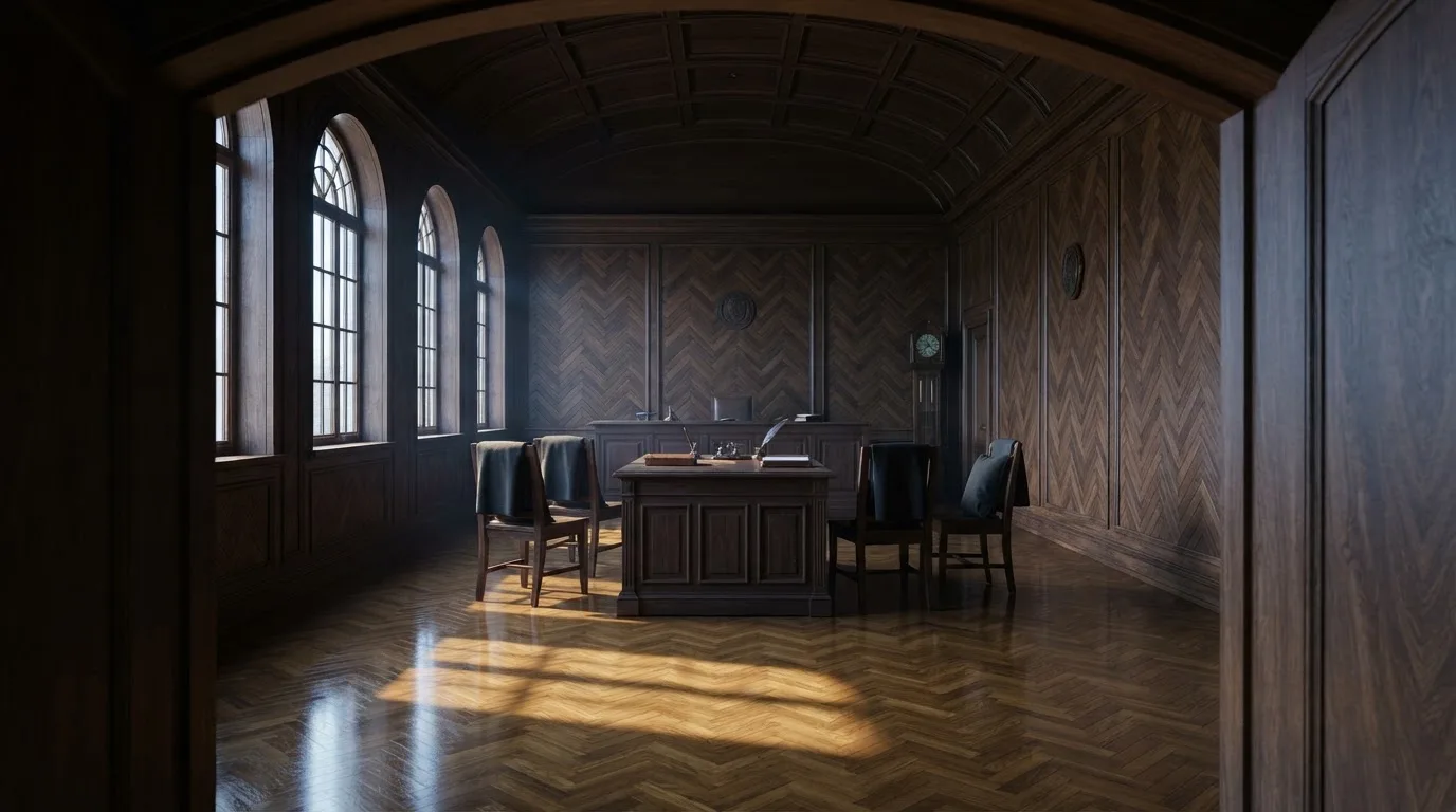 Sala de tribunal vazia com painéis de madeira, à luz da manhã — roleta francesa em portugal