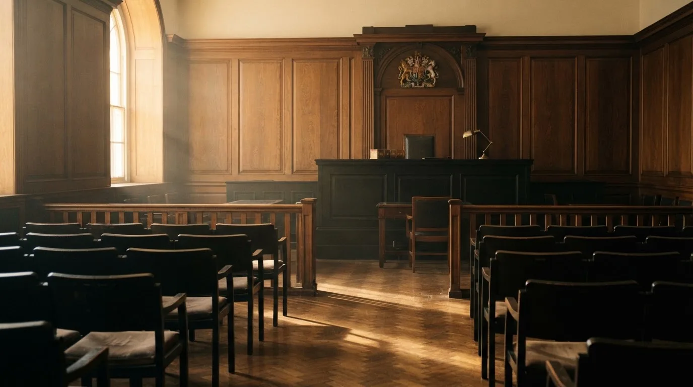 Sala de tribunal vazia com painéis de madeira, à luz da manhã — roleta online por dinheiro em portugal