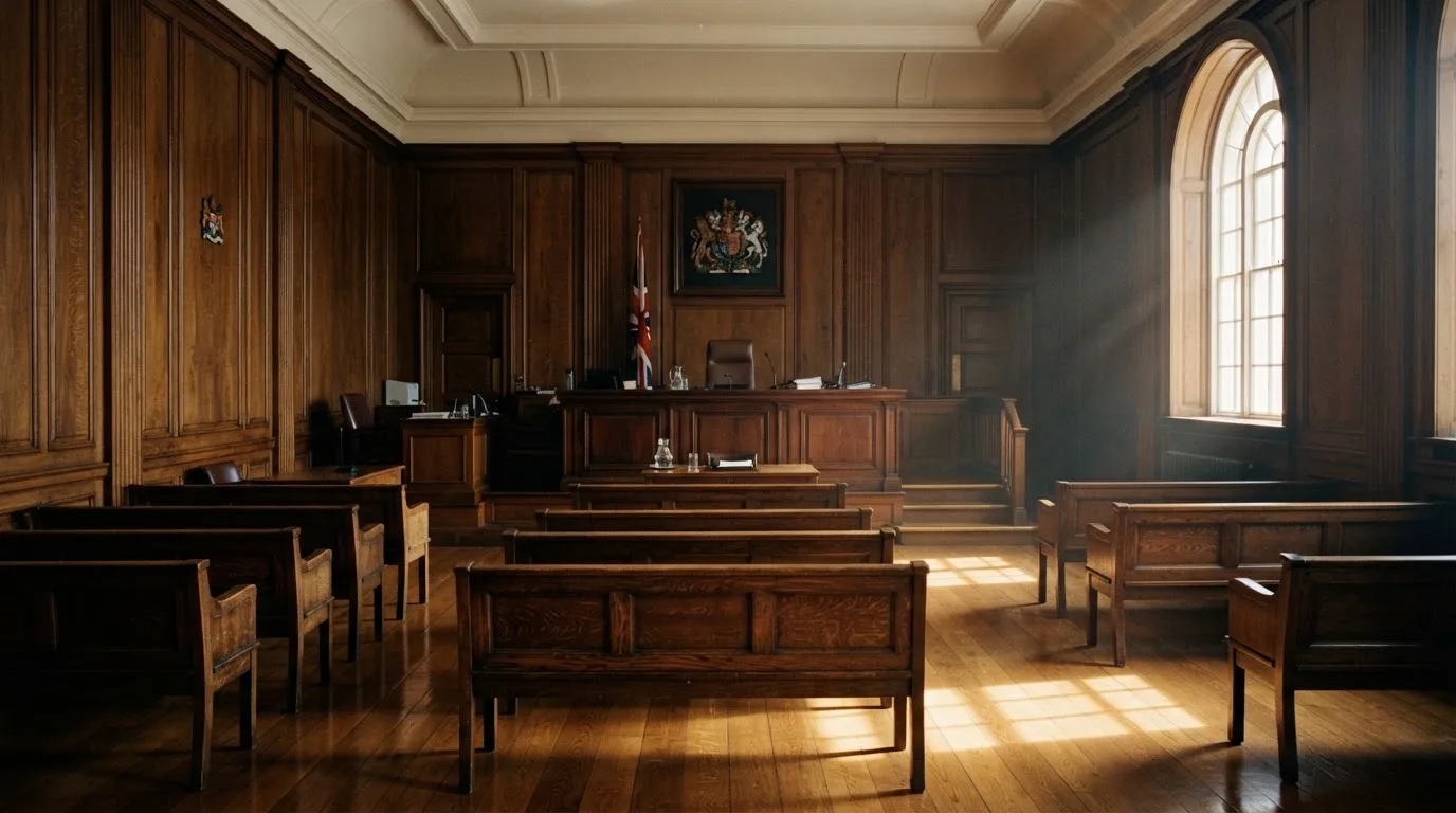 Sala de tribunal vazia com painéis de madeira, à luz da manhã — roleta virtual em portugal