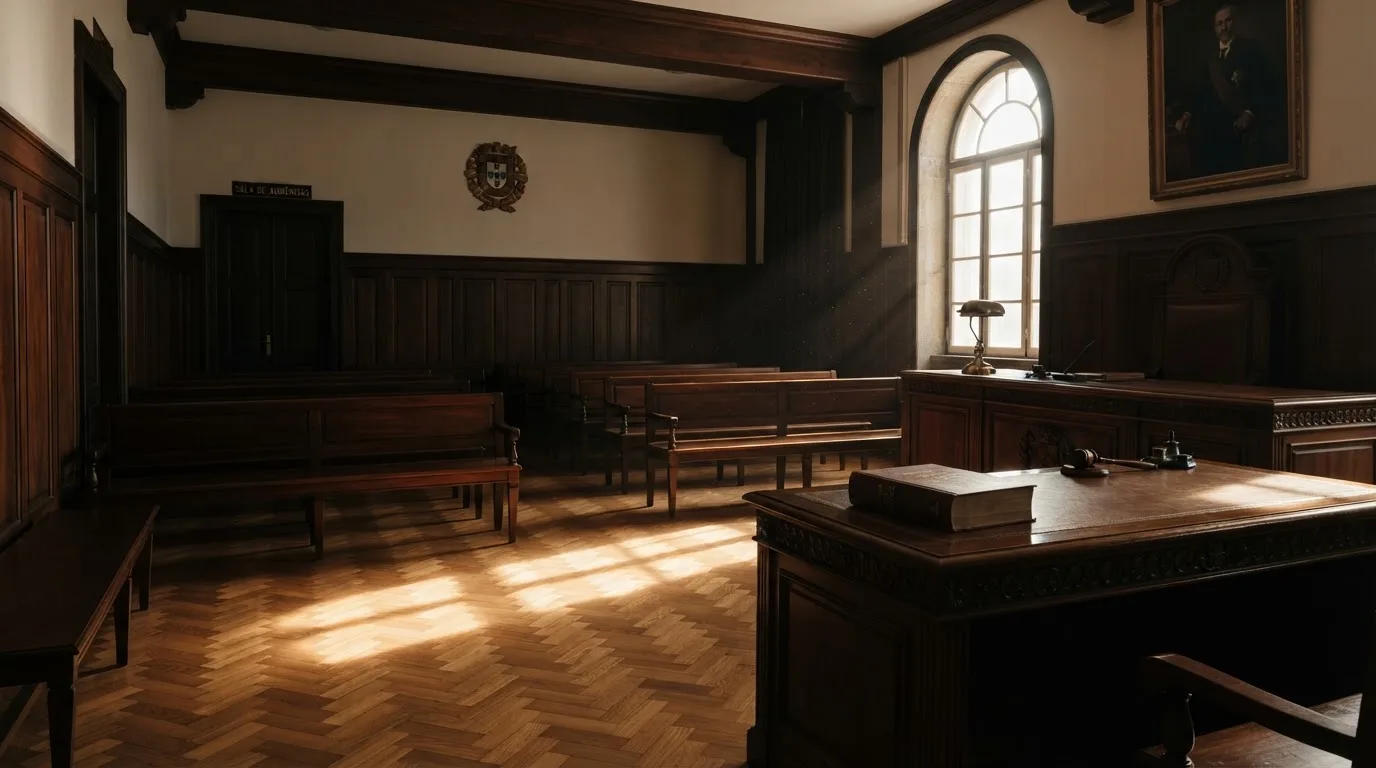 Sala de tribunal vazia com painéis de madeira, à luz da manhã — sites de casino para os portugueses