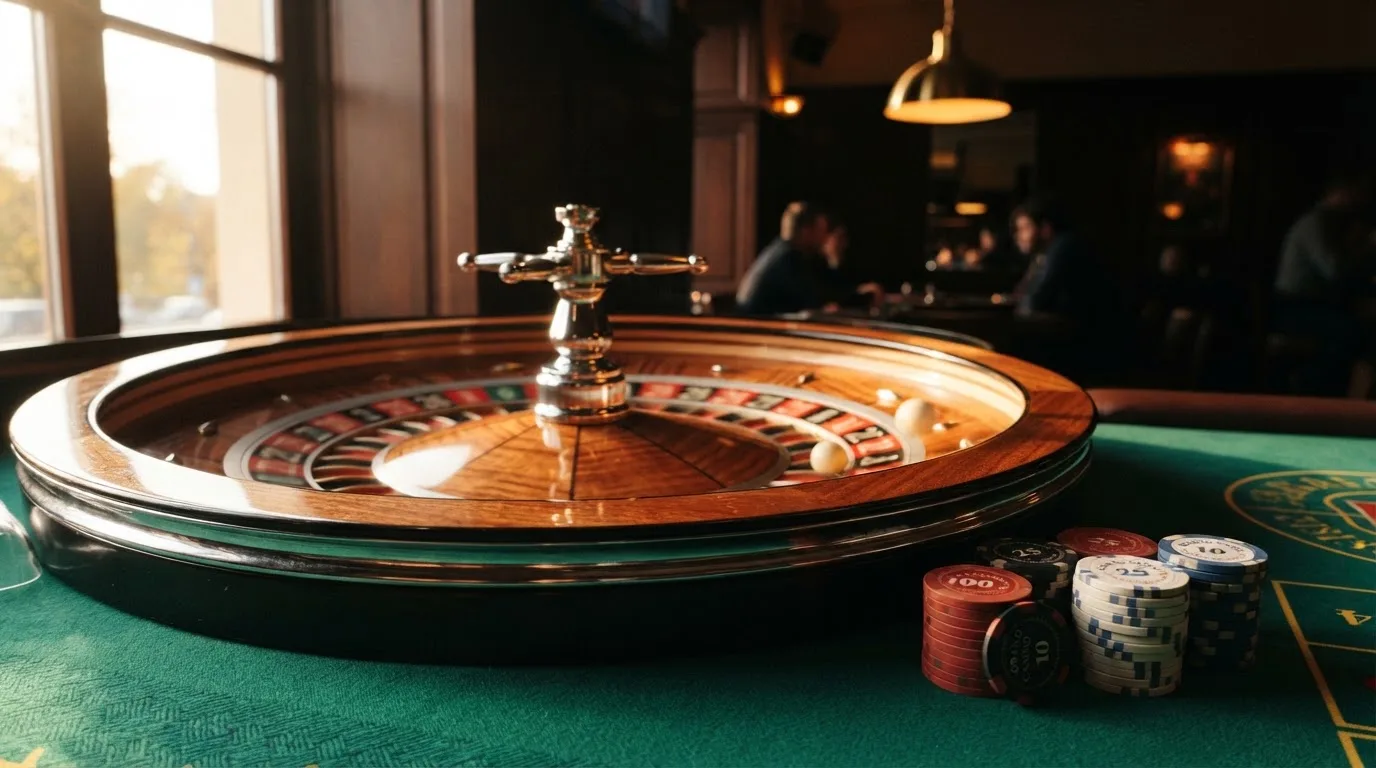 Roda de roleta e fichas sobre feltro verde, sob uma luz quente de fim de tarde — sites de casino para os portugueses