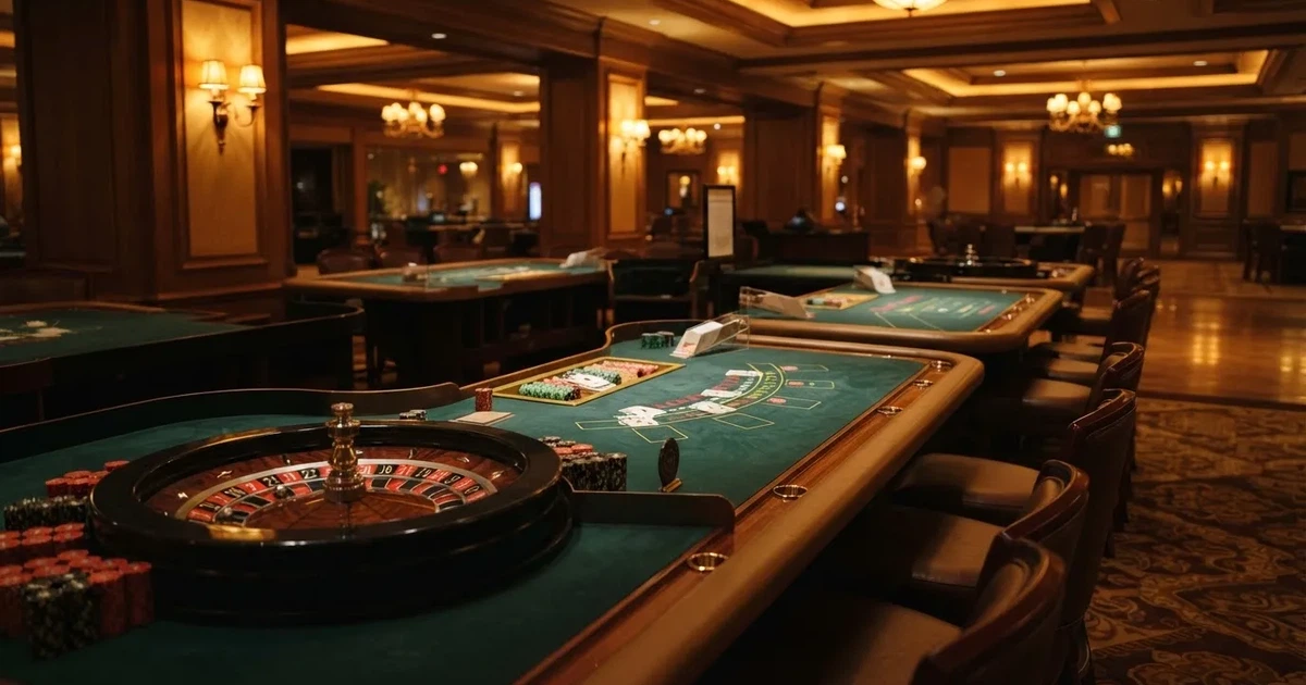 Três mesas de jogo diferentes lado a lado numa sala calma e calorosamente iluminada — sites de casino para os portugueses