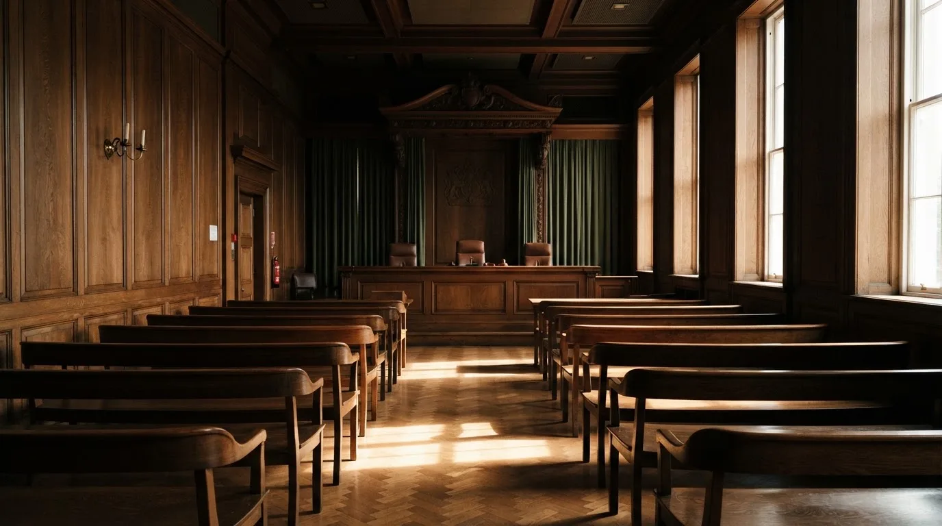 Sala de tribunal vazia com painéis de madeira, à luz da manhã — slot machines em portugal
