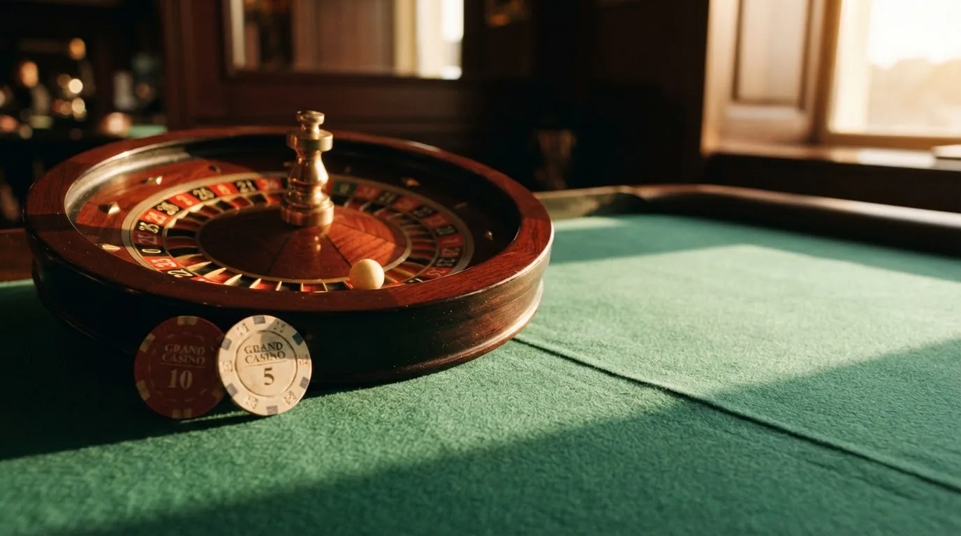 Roda de roleta e fichas sobre feltro verde, sob uma luz quente de fim de tarde — slot machines em portugal