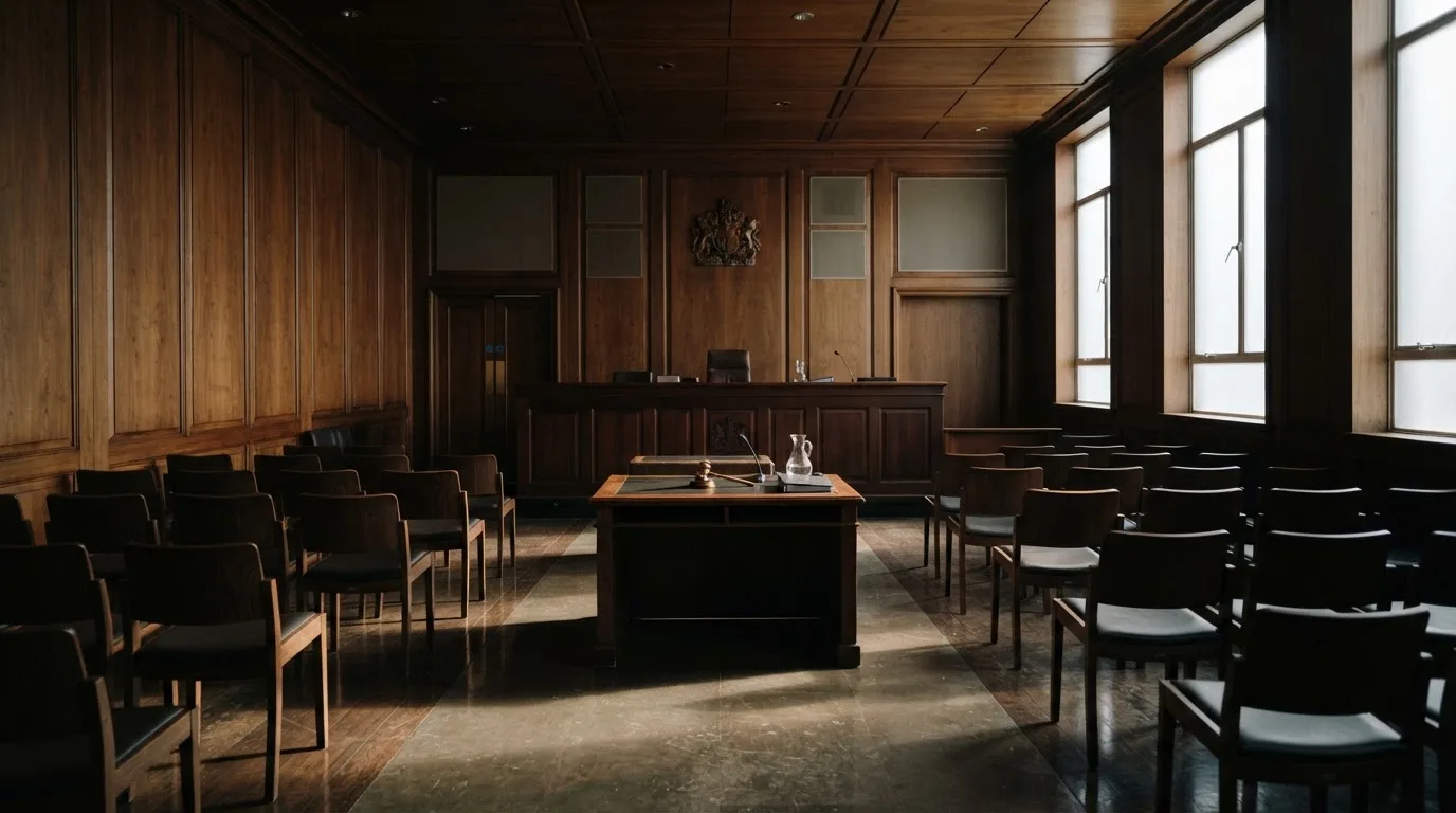 Sala de tribunal vazia com painéis de madeira, à luz da manhã — slots com bonus em portugal