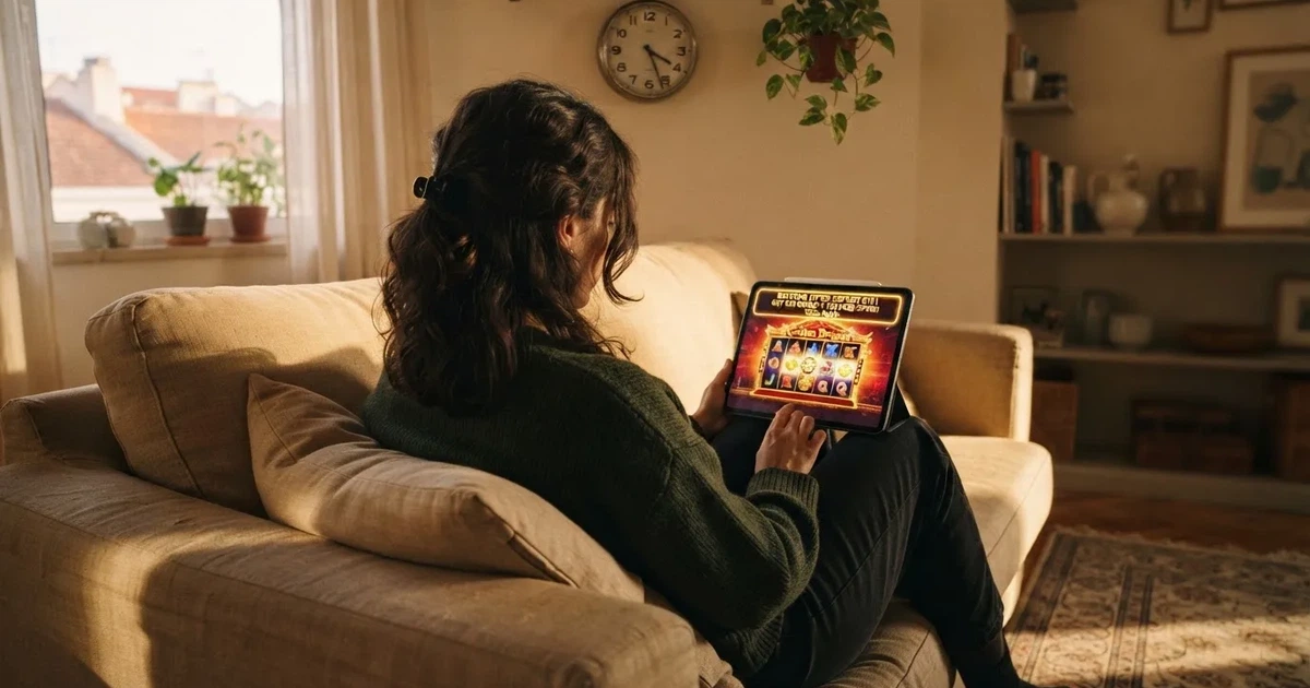 Pessoa num sofá a olhar pensativa para um tablet, com um relógio na parede atrás — slots com bonus em portugal