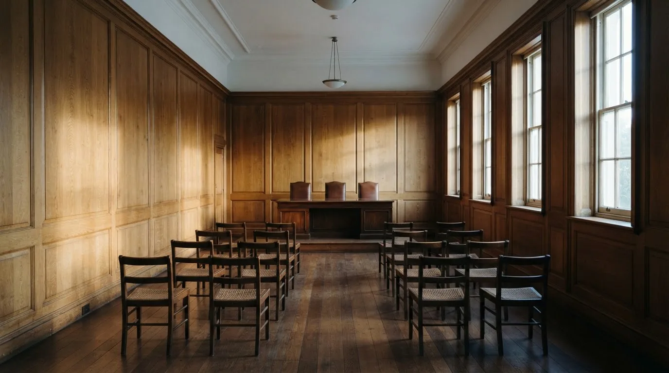 Sala de tribunal vazia com painéis de madeira, à luz da manhã — slots demo em portugal
