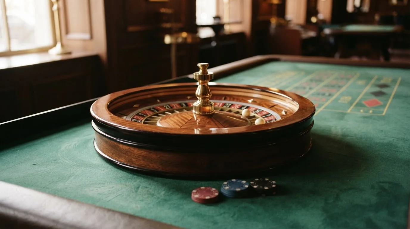 Roda de roleta e fichas sobre feltro verde, sob uma luz quente de fim de tarde — slots demo em portugal
