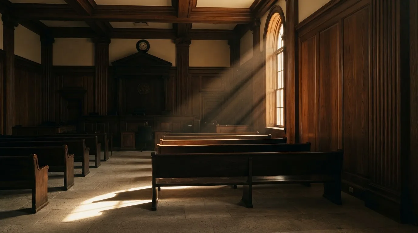 Sala de tribunal vazia com painéis de madeira, à luz da manhã — slots grátis em portugal