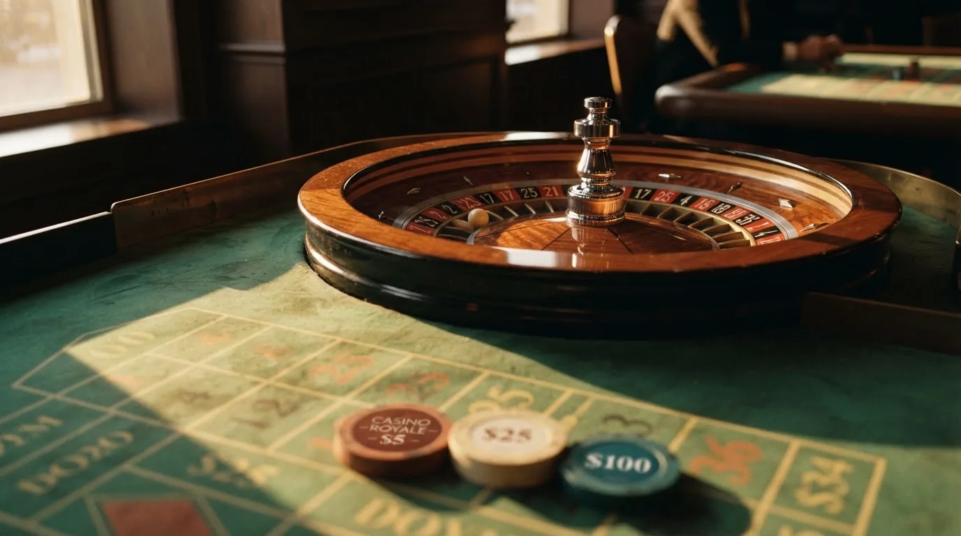 Roda de roleta e fichas sobre feltro verde, sob uma luz quente de fim de tarde — slots grátis em portugal