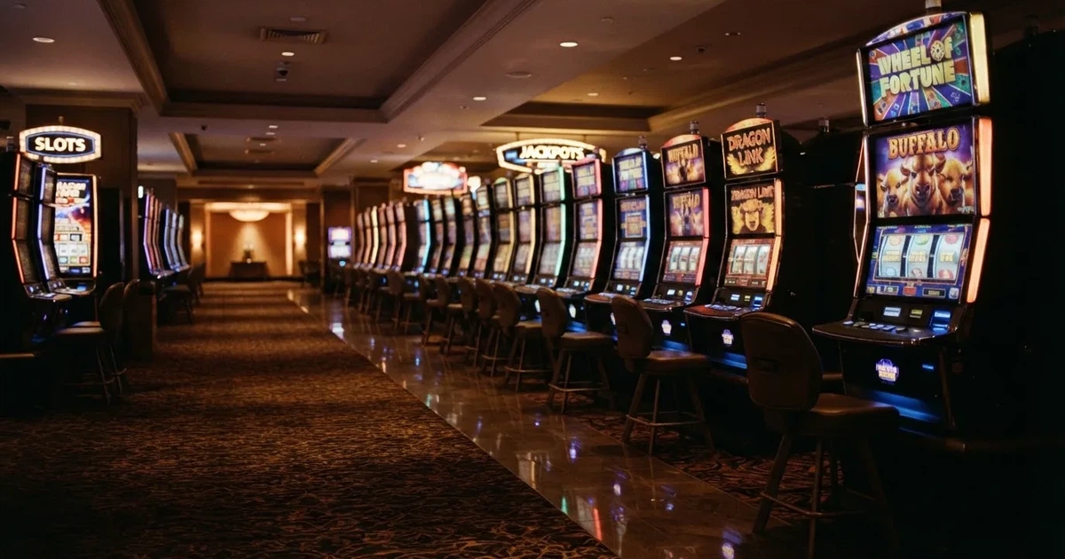 Fila de máquinas de slots num casino em Portugal vistas de lado, com rolos iluminados e carpete escura, sem pessoas, fotografia de interior.