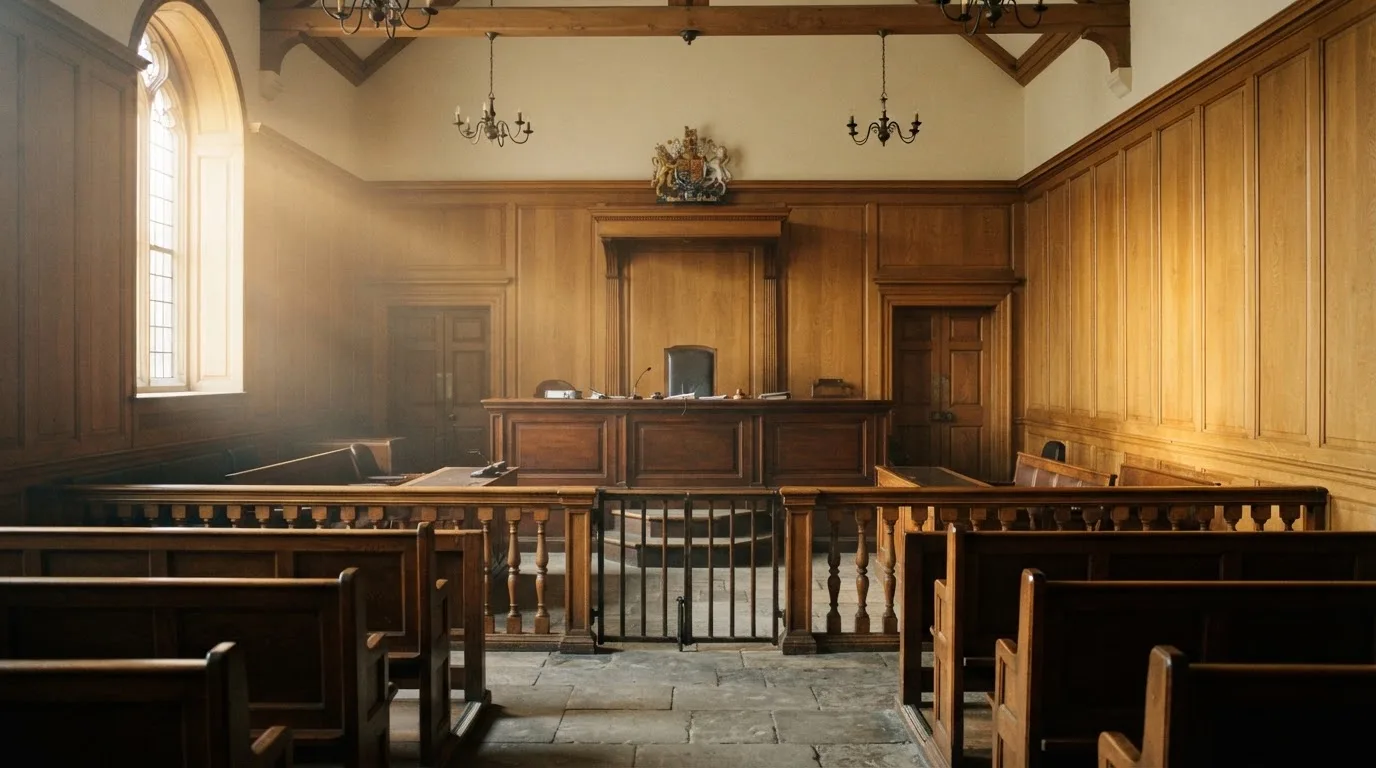 Sala de tribunal vazia com painéis de madeira, à luz da manhã — slots por dinheiro em portugal