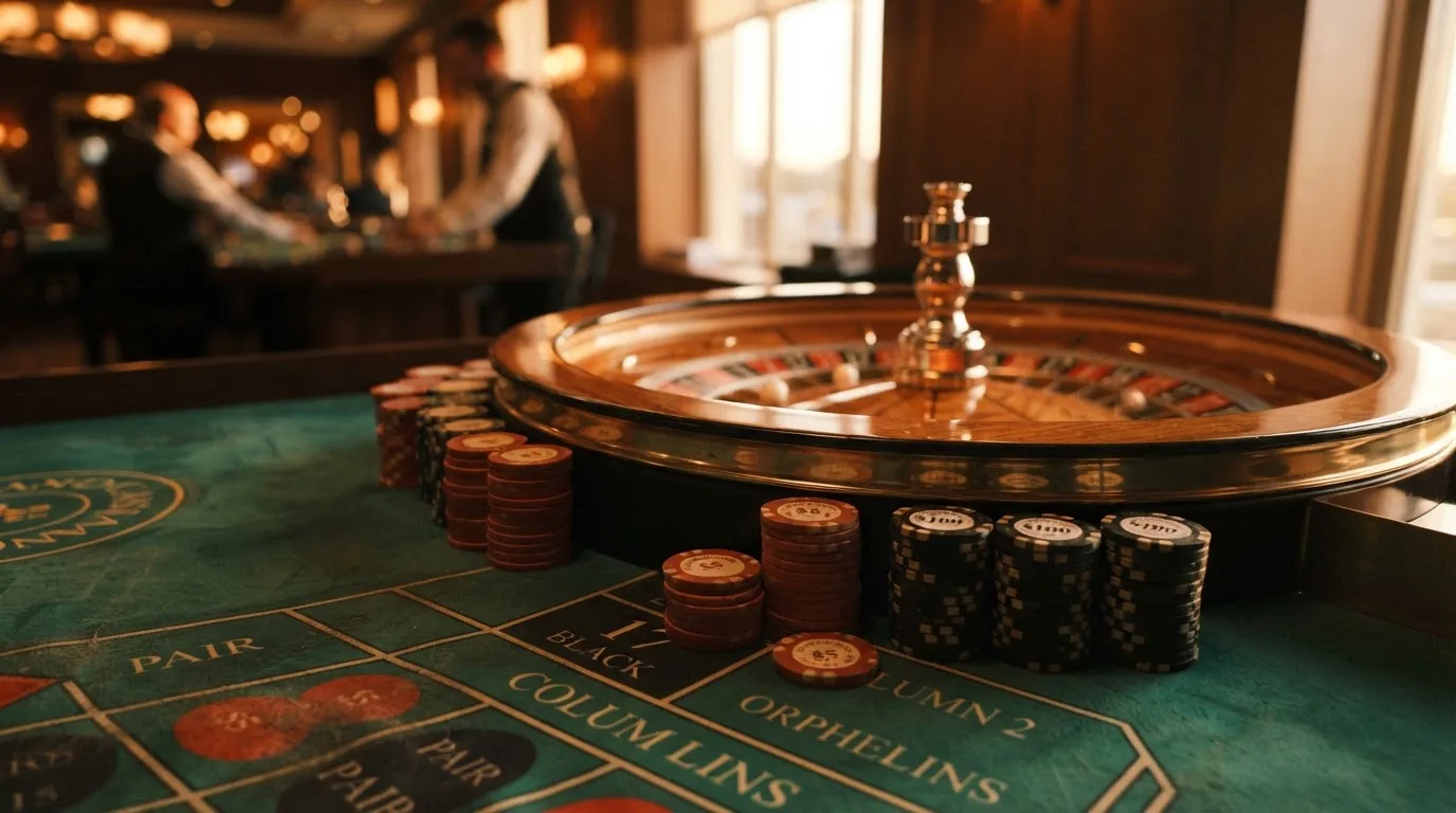 Roda de roleta e fichas sobre feltro verde, sob uma luz quente de fim de tarde — slots por dinheiro em portugal