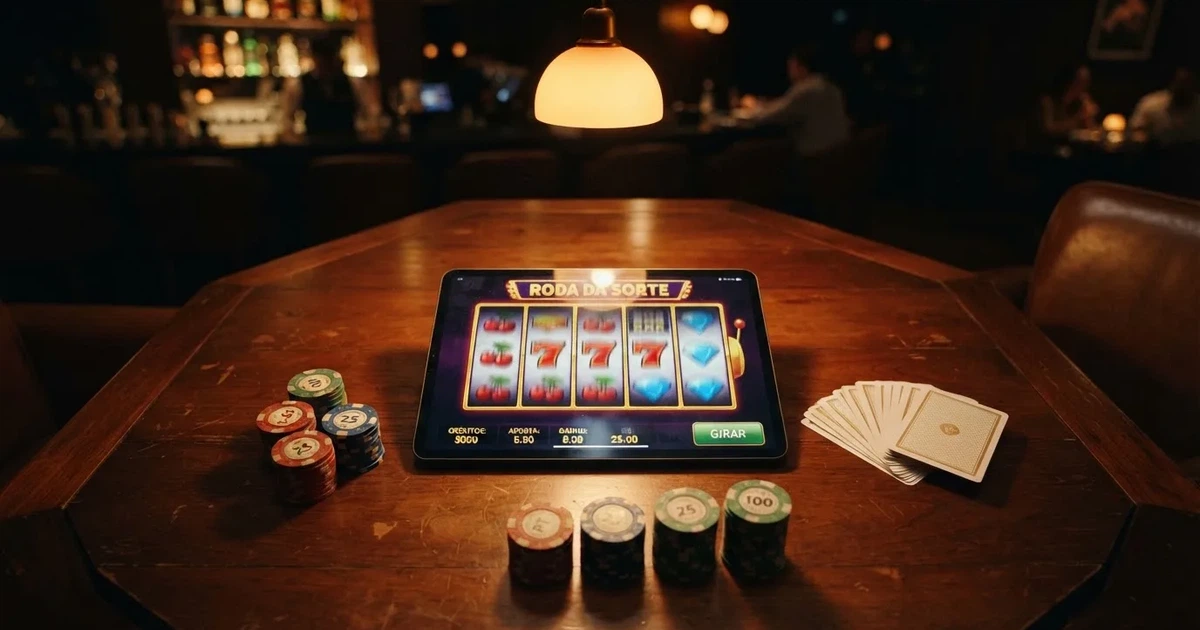Mesa de jogo iluminada com cartas, vista de cima — slots por dinheiro em portugal